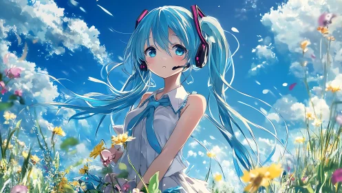 Blue haired anime girl stands in flower field under sky