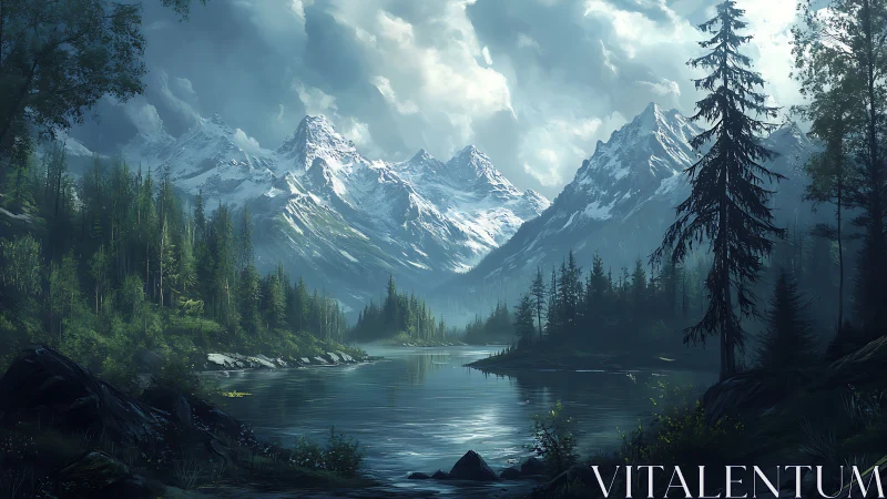 Glaciated alpine basin with conifer forest and reflective lake.