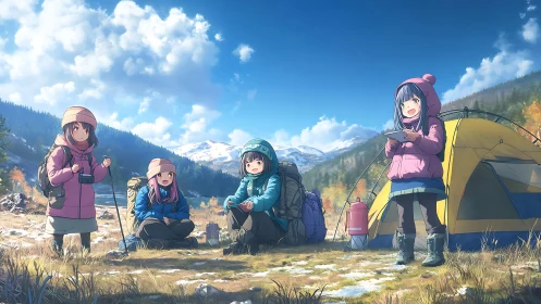 Joyful friends share a cozy campsite in bright mountain air