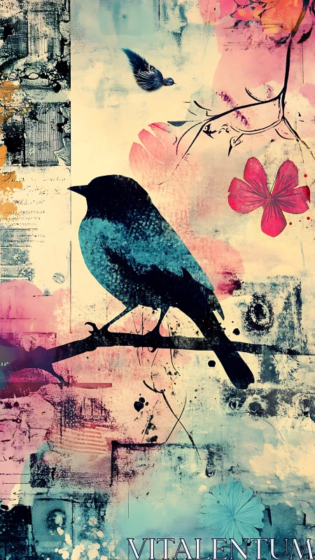 Silhouette bird on branch over layered abstract floral collage