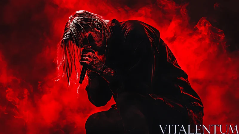 Red-lit vocalist kneels in smoke, captured mid-intensity.