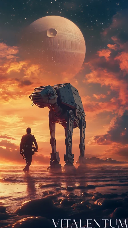 Human and quadruped walker traverse wet terrain at sunset