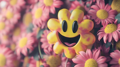 Stylized glossy flower face object sits among pink daisies