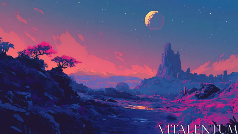 Alien valley landscape under crescent planet at dusk.