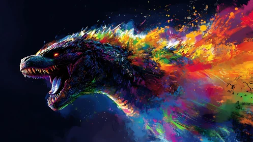 Roaring kaiju erupts through an explosion of neon paint.
