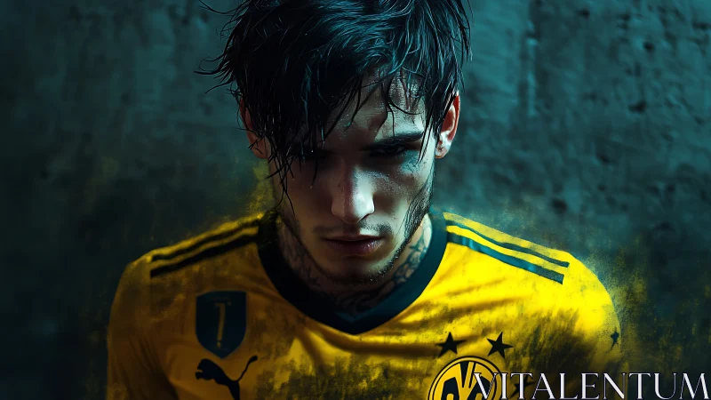 Brooding footballer portrait in moody teal and yellow glow.