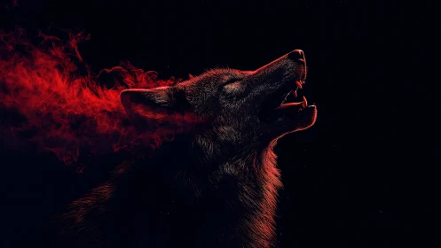 Wild crimson spirit streams from a howling wolf&rsquo;s silhouette