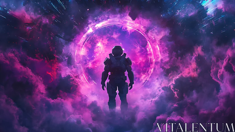 Lone astronaut confronts glowing portal in vivid nebula storm
