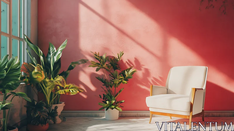Sunlit chair and indoor plants against coral wall.
