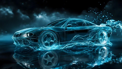 Futuristic sports car made of glowing water, digital art style.