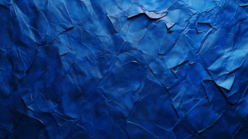 Deep cobalt crumpled paper texture with folded layers.