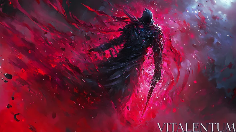 Silhouetted dark warrior dissolves into crimson energy storm