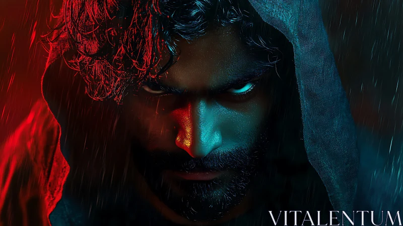 Hooded male portrait in high-contrast red cyan cinematic lighting