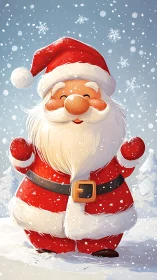 Cartoon Santa Claus standing in falling winter snow.
