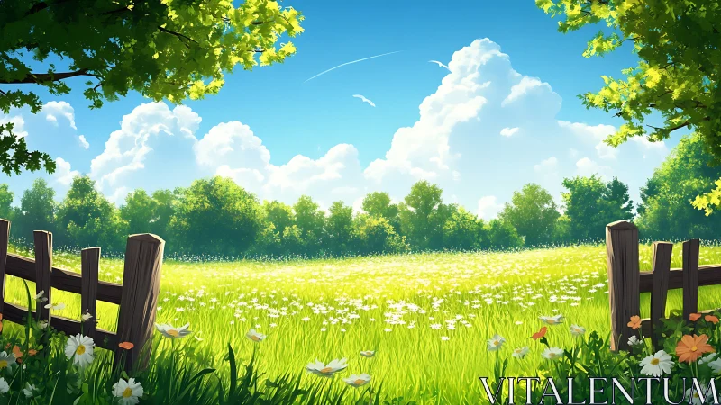 Sunny rural meadow with wooden fence and distant treeline.