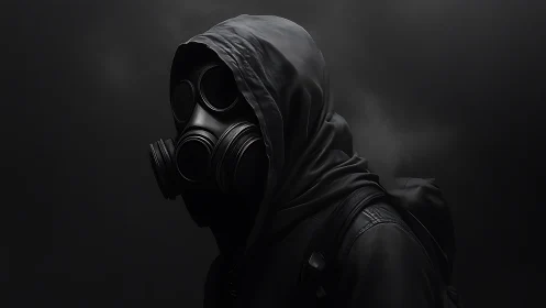 Hooded figure in gas mask against dark smoky backdrop.