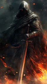 Hooded dark knight with flaming sword in smoky inferno.