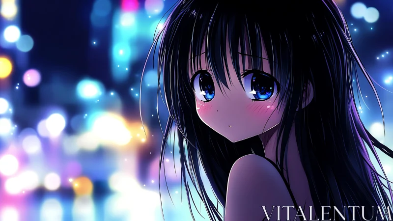 Soft night city lights cradle a shy girl with bright eyes