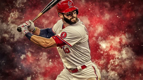 Baseball batter in mid swing against red abstract backdrop.