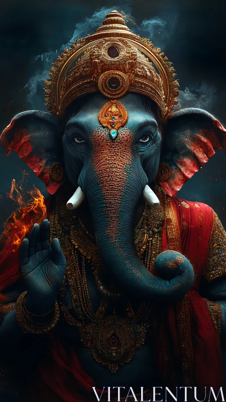 Majestic blue elephant deity in ornate fiery regalia.