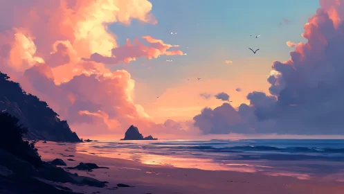 Coastal shoreline under vivid sunset cloud formations.