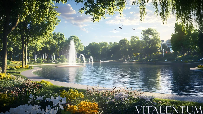 Sunlit urban park lake with central fountain and lush borders.