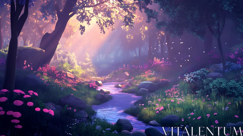 Enchanted forest creek glows beneath dreamy pastel sunlight.