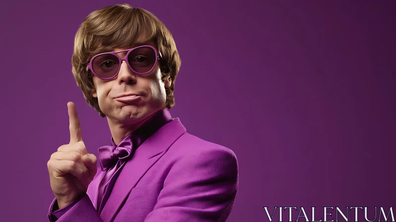 Retro styled man in purple suit holding up one finger.