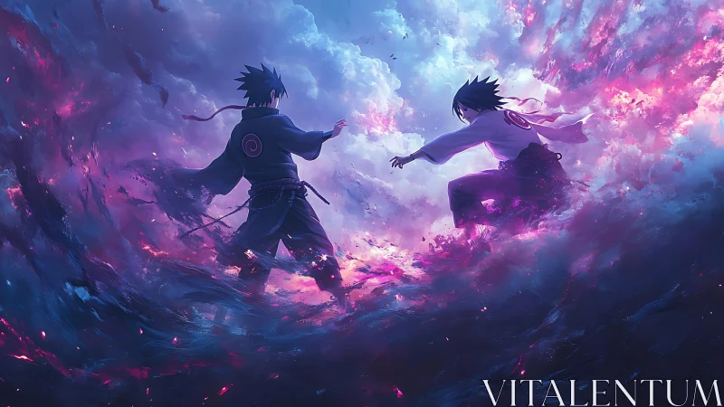 Anime duel in chromatic storm with dynamic atmospheric depth.