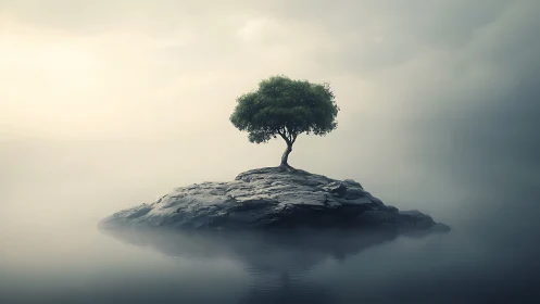 A Solitary Tree Standing Strong on Misty Waters.