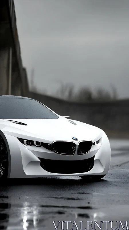 White sports coupe is parked on wet asphalt under overpass
