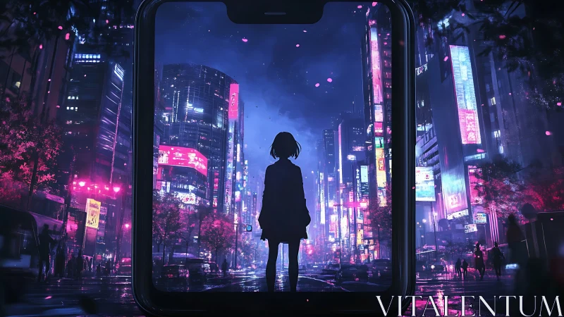 Silhouette in neon urban street framed by smartphone screen.