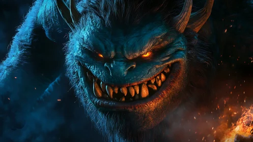 Demonic horned beast lunges forward in fiery blue backlight
