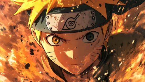 Anime ninja portrait amid fiery explosion background.