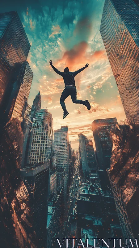 Silhouette leaping above dystopian city at burning sunset.