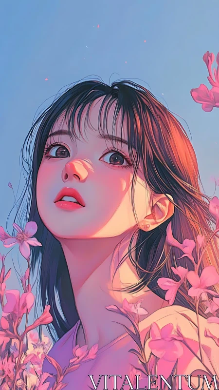 Dreamy anime girl gazes skyward among glowing pink blooms