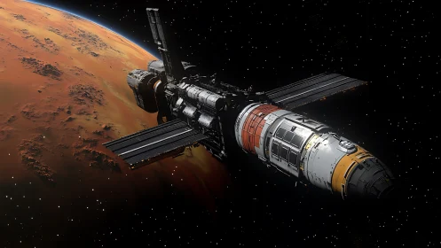 Detailed spacecraft in orbit beside a rugged orange planet.