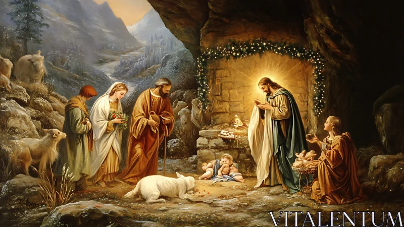Nativity scene with figures gathered around infant Jesus.