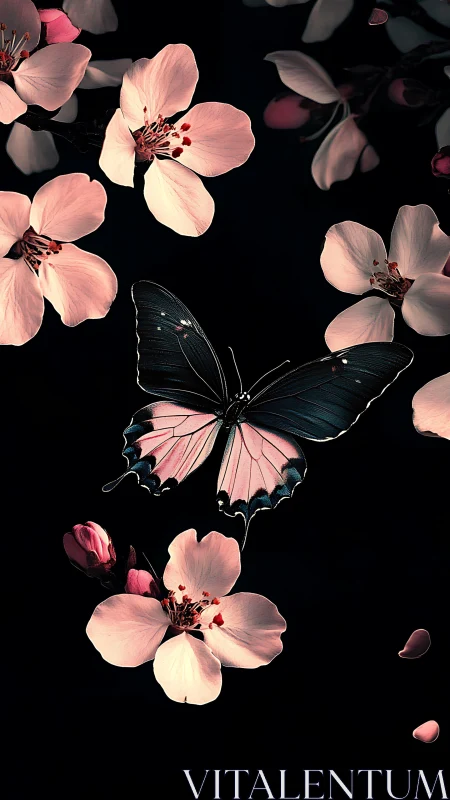Butterfly hovers among pale blossoms on a dark background