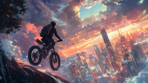 Cyclist Soaring Above Sunset City Skyline.