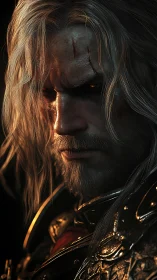 Battle-marked knight in molten light and quiet resolve.