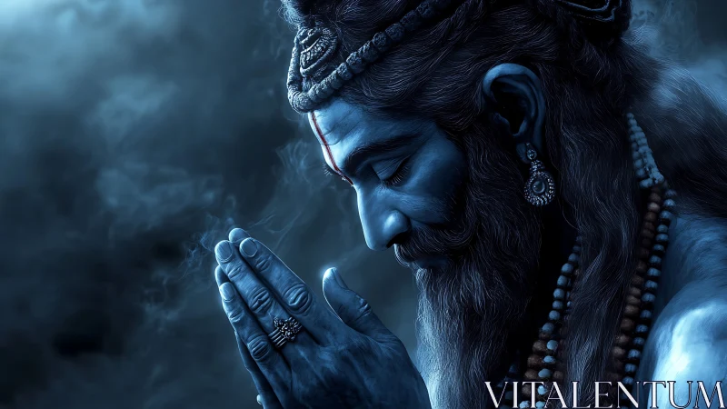 Blue toned digital portrait shows praying bearded figure