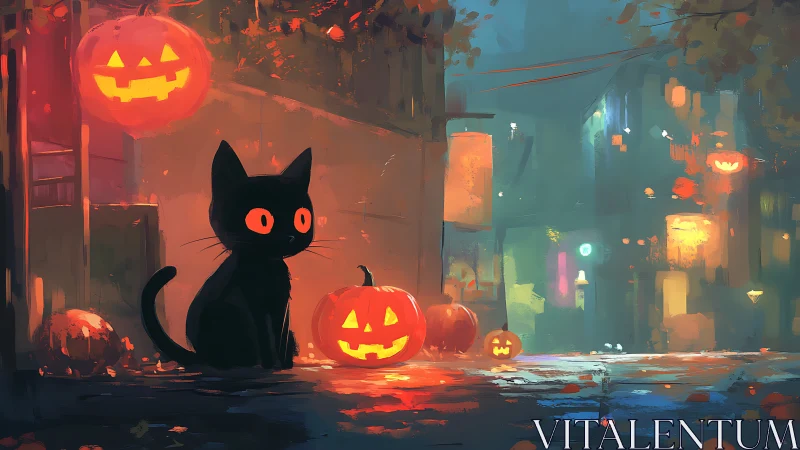 Black Cat's Neon Halloween Vigil Commands Glowing Pumpkin Square