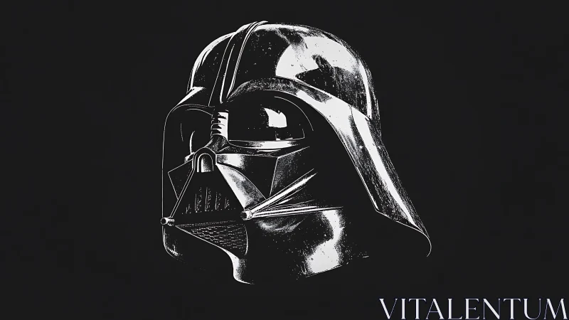 Dark sci-fi helmet rendered in stark monochrome detail.