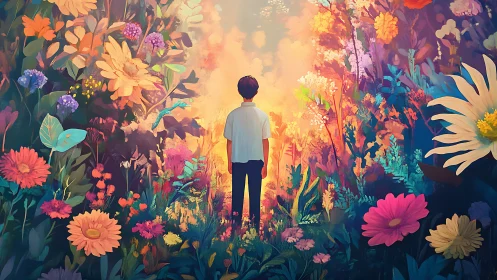 Backlit child silhouette framed by dense luminous wildflower corridor