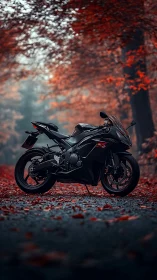 Black sportbike rests on misty red forest roadway.