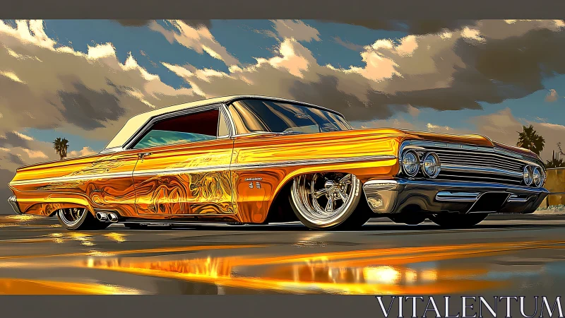 Lowrider Chevrolet glides along reflective sunset boulevard