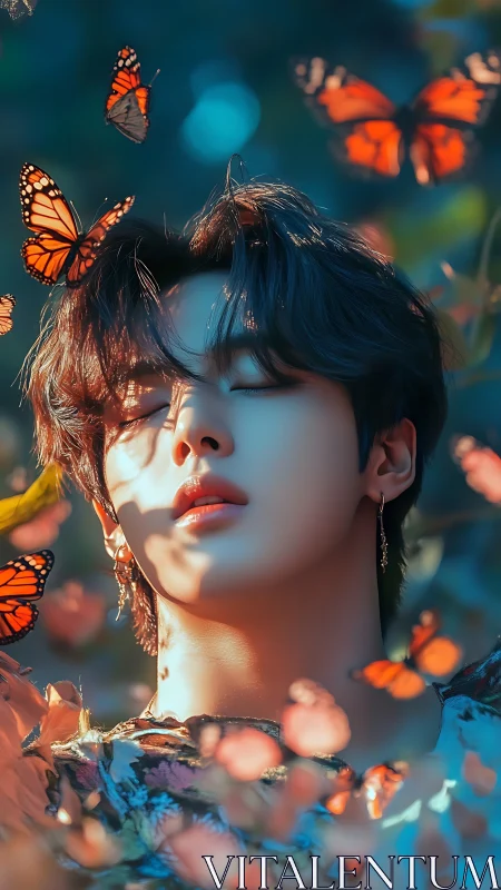 Dreamy portrait with monarch butterflies in warm light.