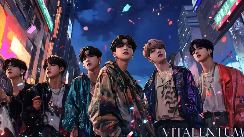 Neon lit boy band ensemble in stylized urban nightlife street