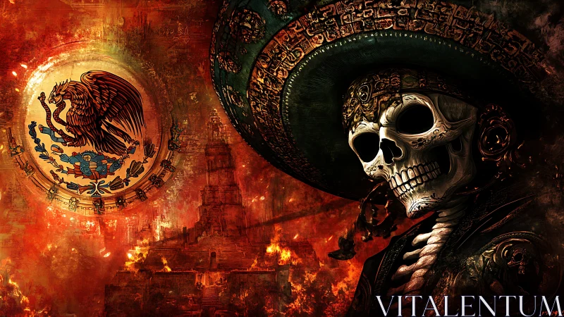 Fiery Mexican skull in ceremonial sombrero watches history.